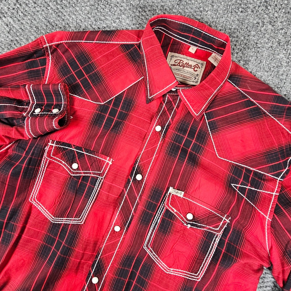 Rafter C Cowboy Collection Mens Red Black Plaid Pearl Snap Western Shirt Large
